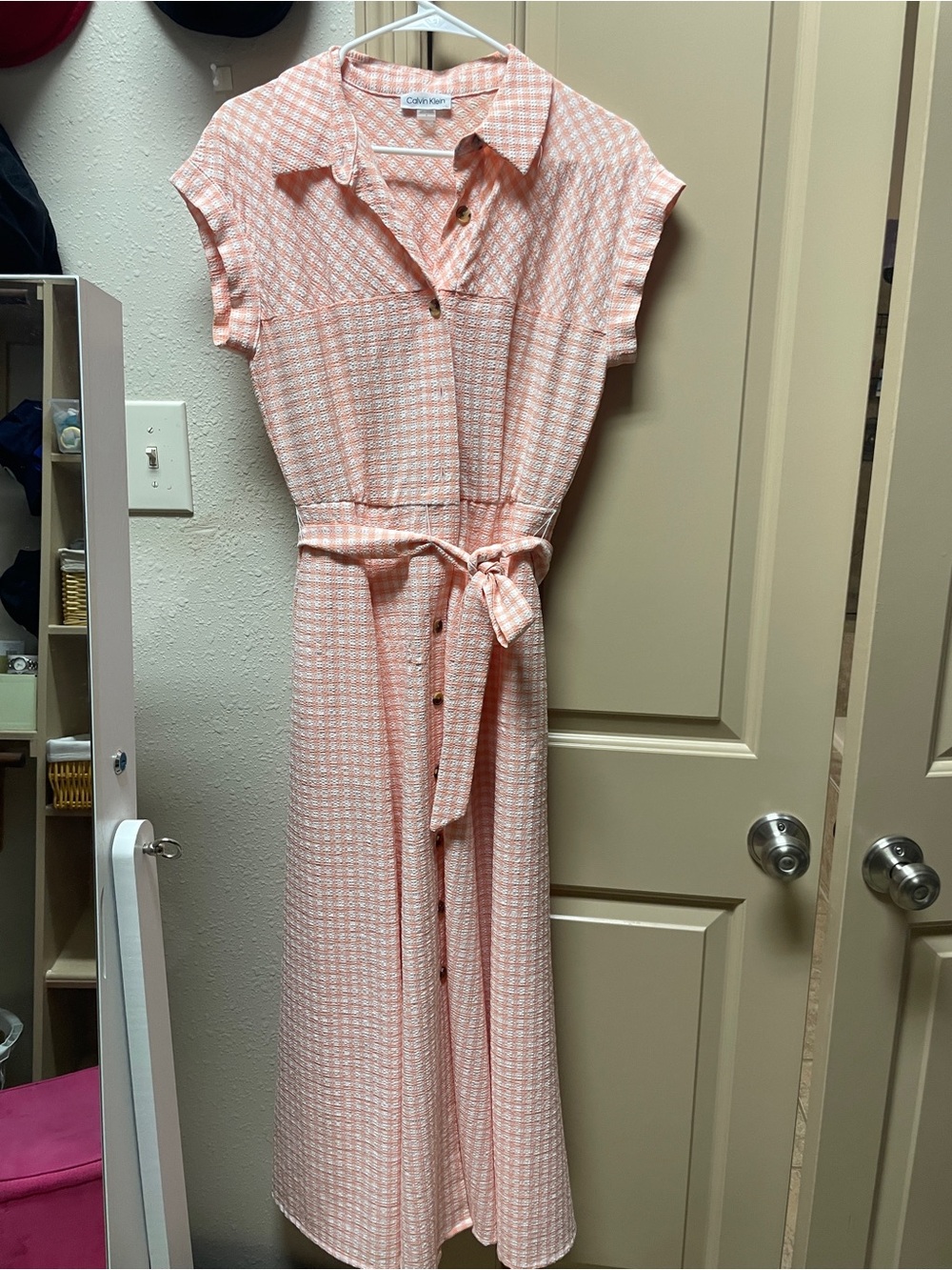 Calvin Klein Peach Patterned Maxi Shirt Dress with Tie Waist